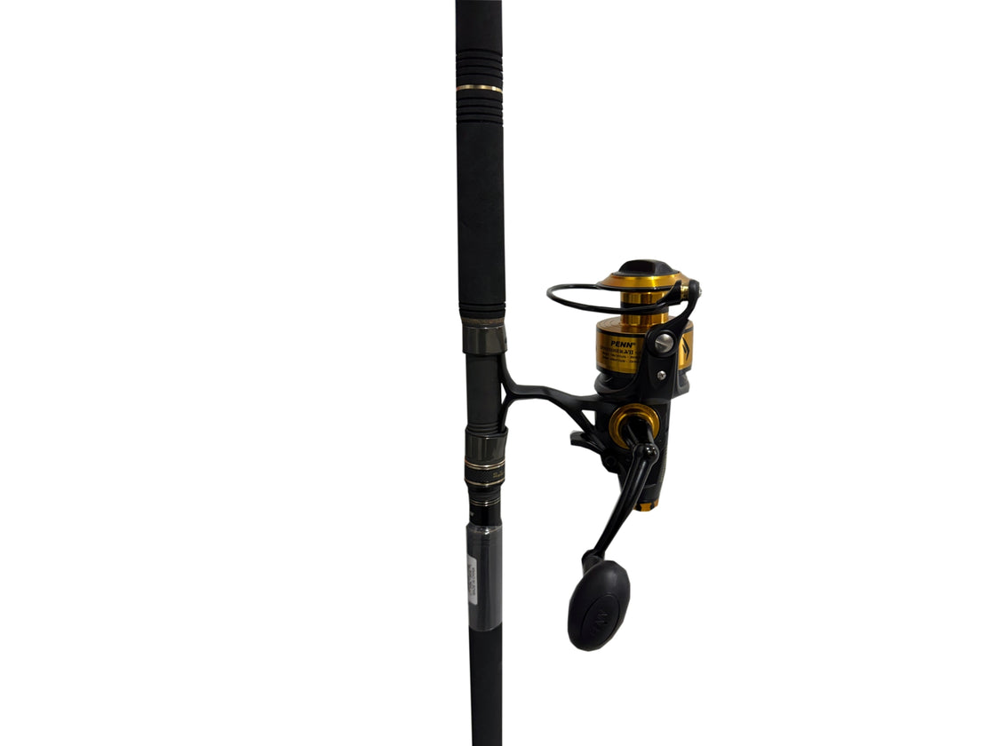 PENN OCEAN ASSASSIN 8'2" 2PCE 20-180G SPIN ROD SPINFISHER VII 6500 LIVE LINER SPIN REEL PACKAGE