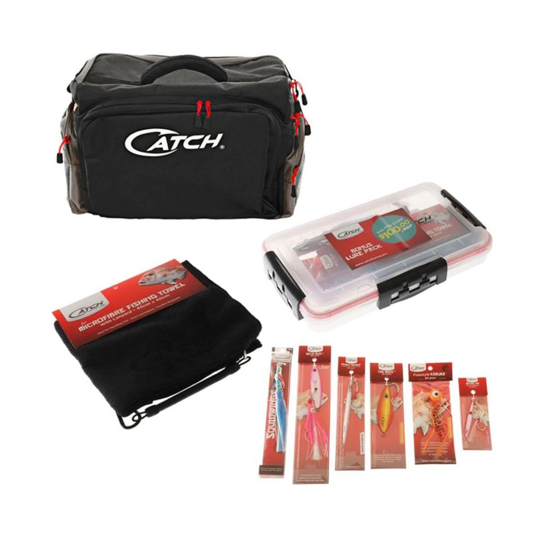 CATCH 5 COMPARTMENT TACKLE BAG W COOLER COMPARTMENT INCLUDING TACKLE VALUE PACK